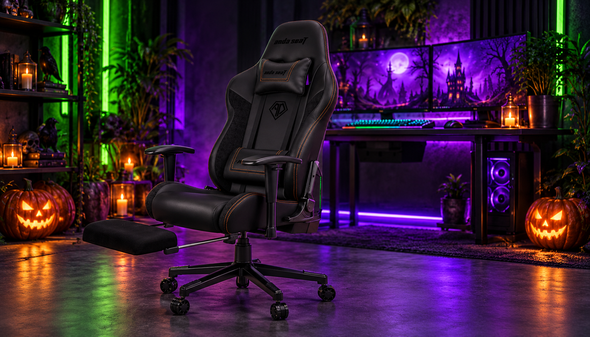 AndaSeat Jungle 2 black gaming chair with extended footrest in a Halloween gaming room