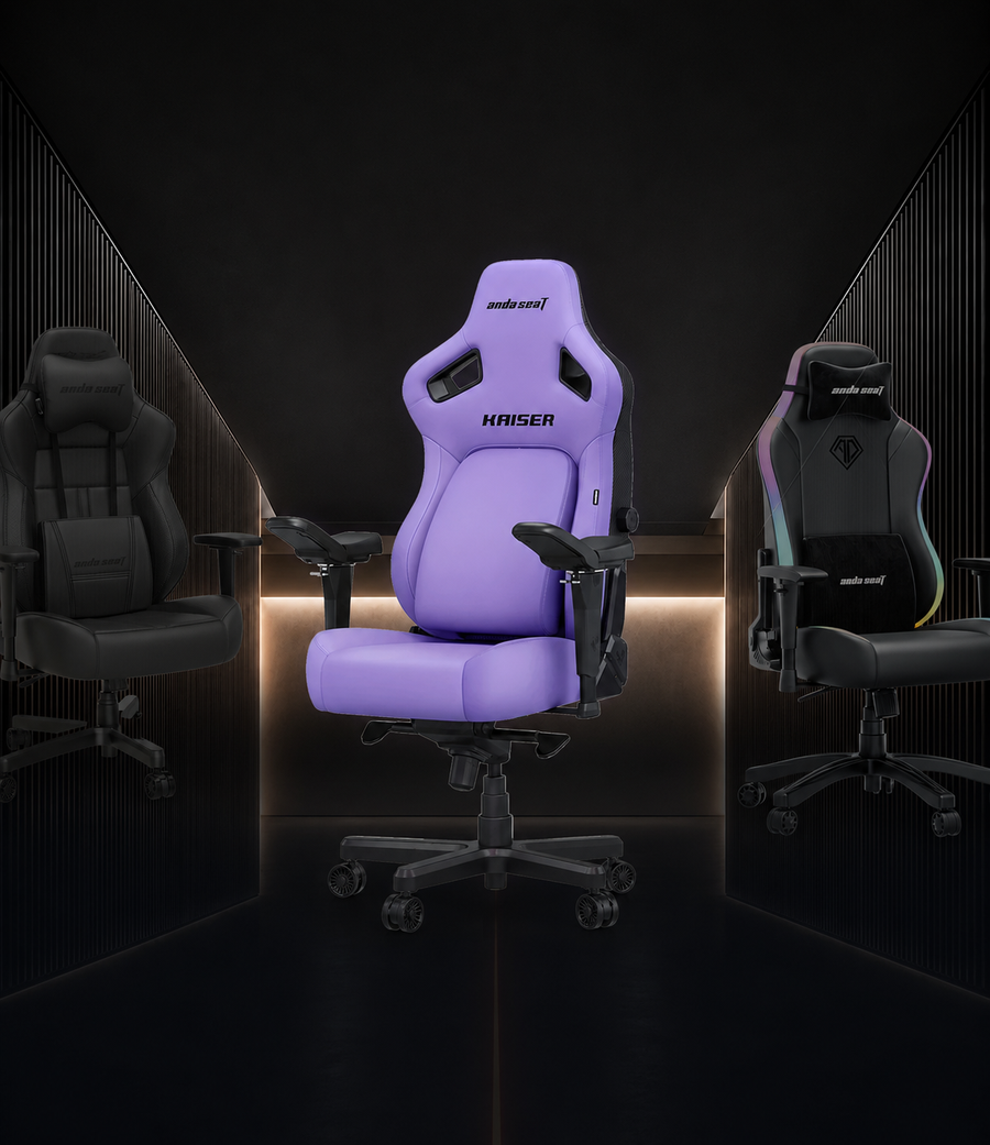 Purple AndaSeat Kaiser 4 centred between Dark Demon and Luna RGB gaming chairs