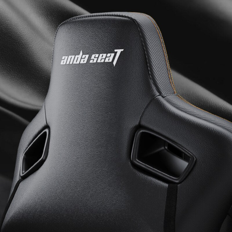 Close-up of an AndaSeat gaming chair backrest with embroidered logo