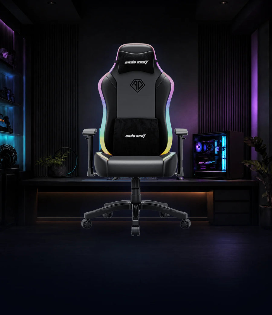 Front view of a black AndaSeat Luna RGB gaming chair with multicolour edge lighting