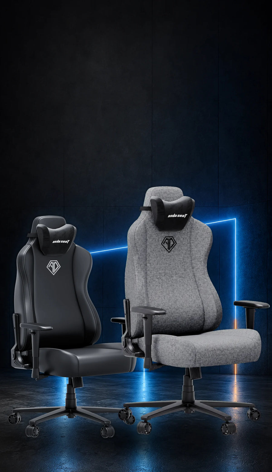 Black PVC leather and grey linen AndaSeat Novis gaming chairs in a dark blue studio