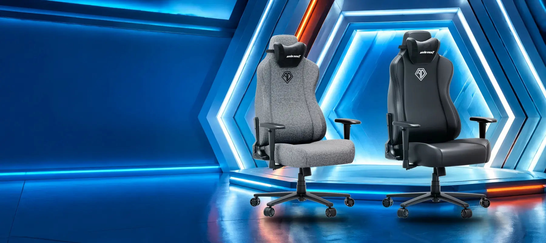 AndaSeat Novis Max XL gaming chairs in Black PVC and Grey Fabric, with £50 off selected XL variants.