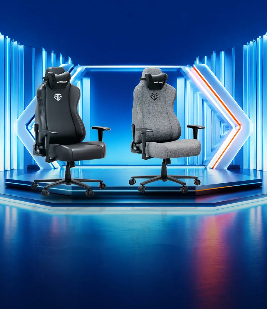 AndaSeat Novis Max XL gaming chairs in Black PVC and Grey Fabric, with £50 off selected XL variants.