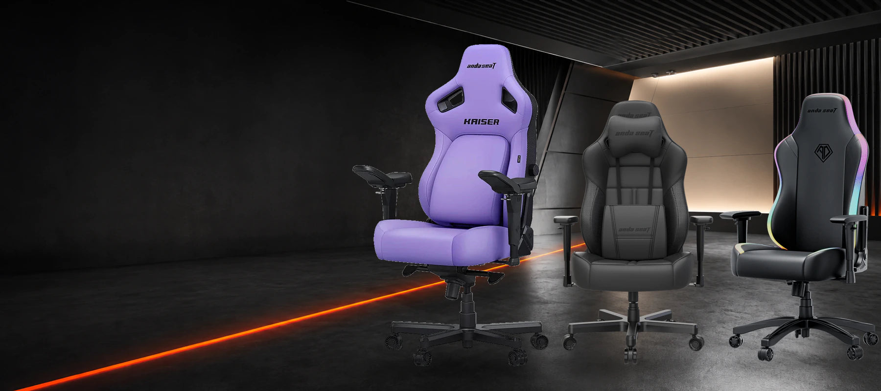 AndaSeat Kaiser 4 Zen Purple, Dark Demon and Luna RGB gaming chairs in a dark studio